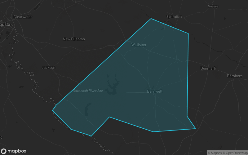 Map of Barnwell County, South Carolina showing the county boundary and surrounding cities