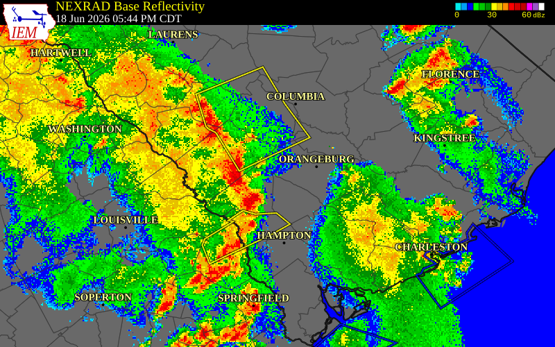 NEXRAD radar during the Thursday, June 18, 2026 storm activity in Barnwell County, South Carolina