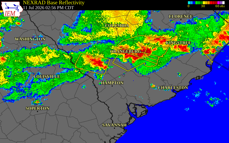 NEXRAD radar during the Saturday, July 11, 2026 storm activity in Barnwell County, South Carolina
