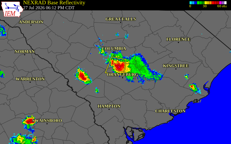 NEXRAD radar during the Monday, July 27, 2026 storm activity in Barnwell County, South Carolina