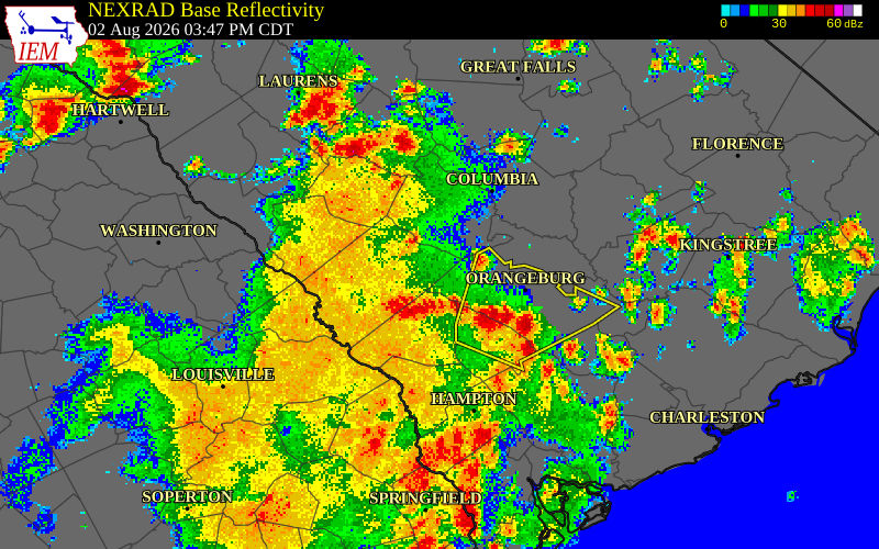NEXRAD radar during the Sunday, August 2, 2026 storm activity in Barnwell County, South Carolina