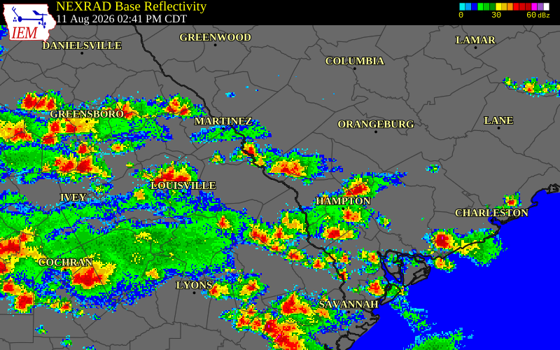 NEXRAD radar during the Tuesday, August 11, 2026 storm activity in Barnwell County, South Carolina