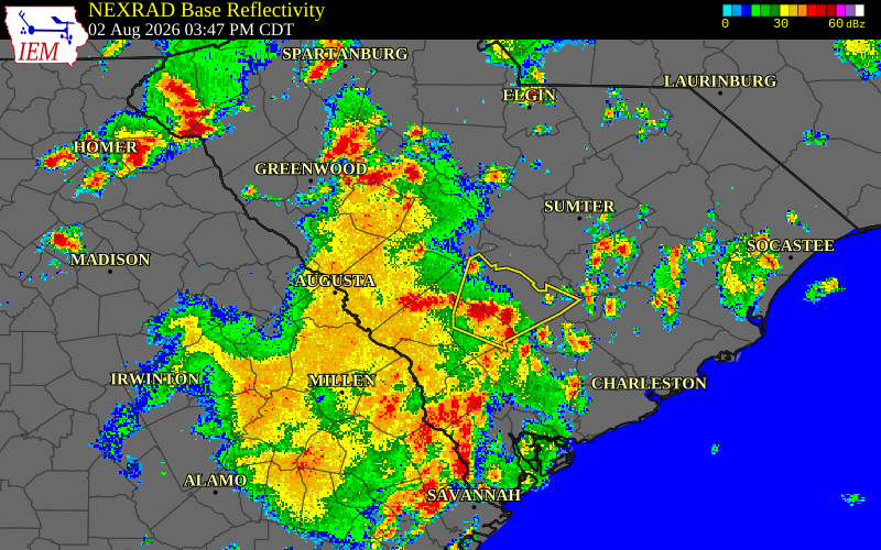 Radar snapshot during the Aug 2, 2026 wind event near Barnwell County, Barnwell County, South Carolina, with NWS warning polygons