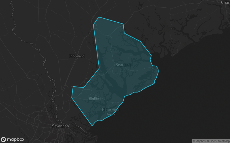 Map of Beaufort County, South Carolina showing the county boundary and surrounding cities