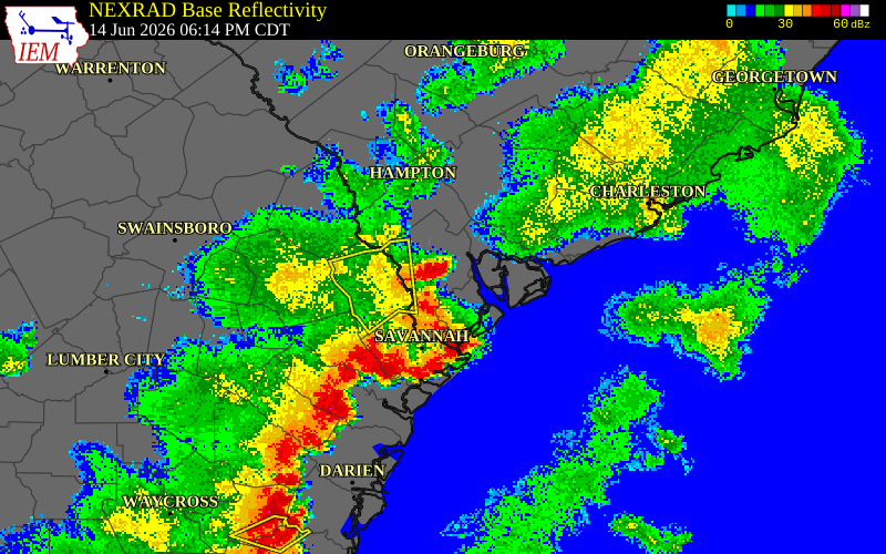 NEXRAD radar during the Sunday, June 14, 2026 storm activity in Beaufort County, South Carolina