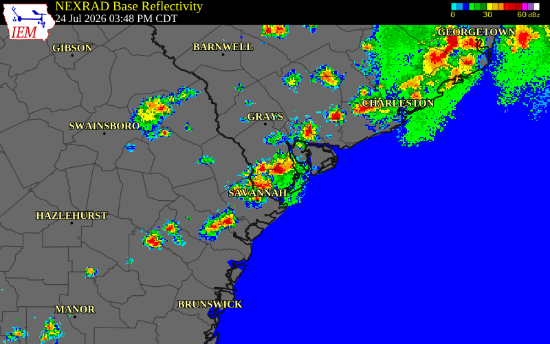 NEXRAD radar during the Friday, July 24, 2026 storm activity in Beaufort County, South Carolina