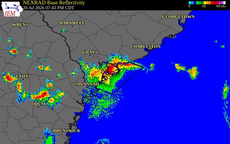 NEXRAD radar during the Sunday, July 26, 2026 storm activity in Beaufort County, South Carolina