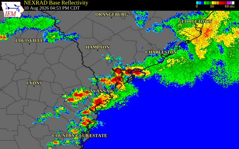 NEXRAD radar during the Monday, August 10, 2026 storm activity in Beaufort County, South Carolina