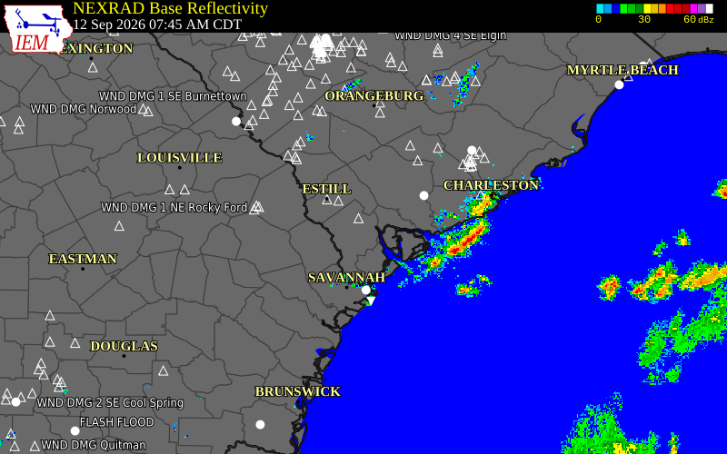 Current NEXRAD radar over Beaufort County, South Carolina with recent storm report locations