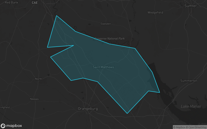 Map of Calhoun County, South Carolina showing the county boundary and surrounding cities