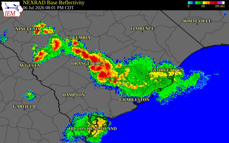 NEXRAD radar during the Monday, July 6, 2026 storm activity in Calhoun County, South Carolina