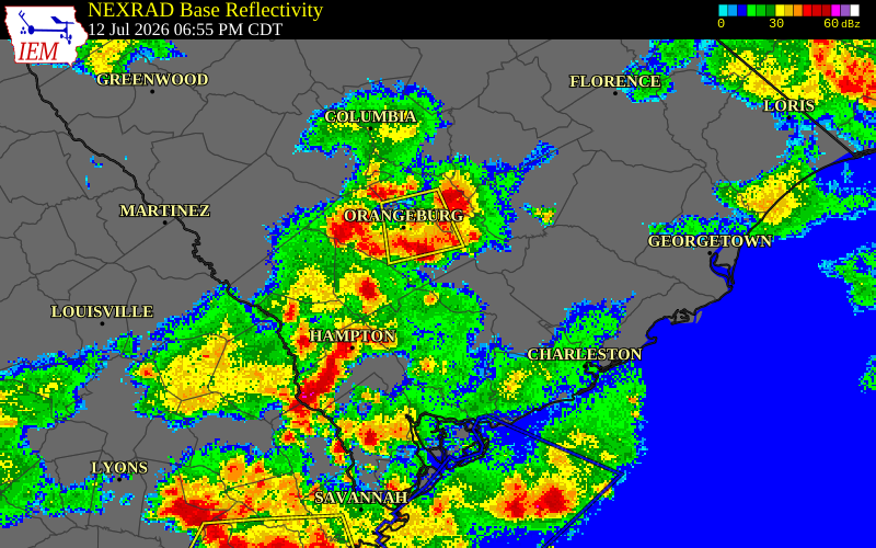 NEXRAD radar during the Sunday, July 12, 2026 storm activity in Calhoun County, South Carolina