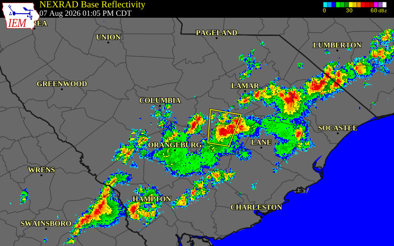 NEXRAD radar during the Friday, August 7, 2026 storm activity in Calhoun County, South Carolina