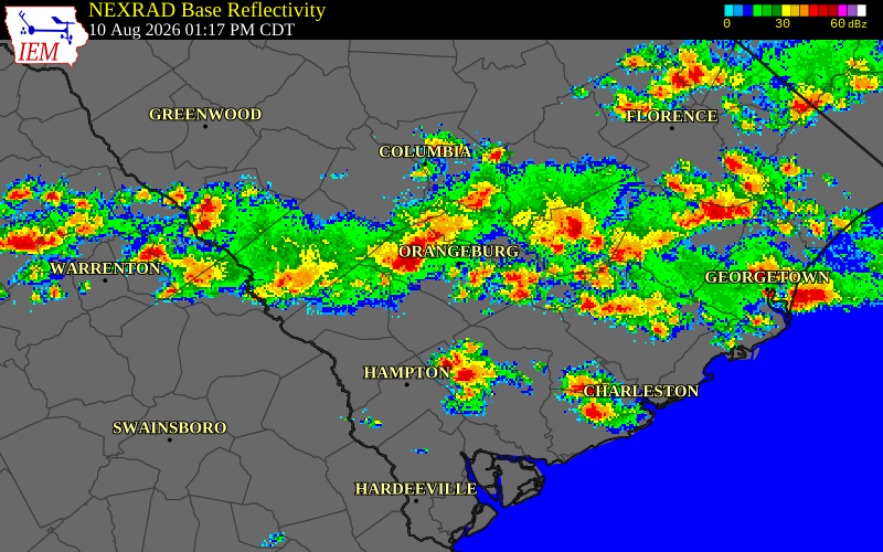 NEXRAD radar during the Monday, August 10, 2026 storm activity in Calhoun County, South Carolina