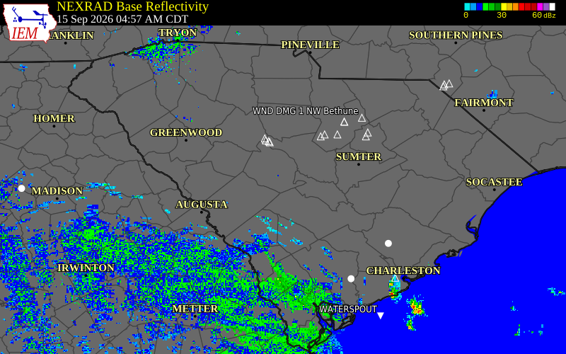 Current NEXRAD radar over Calhoun County, South Carolina with recent storm report locations
