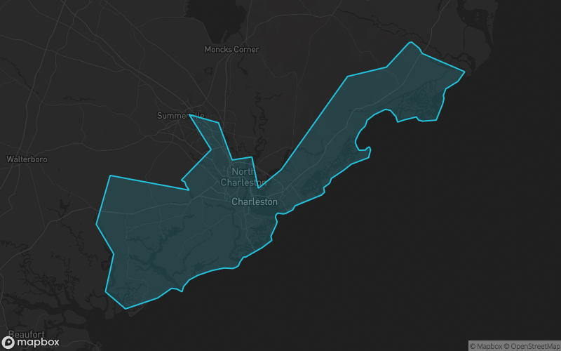 Map of Charleston County, South Carolina showing the county boundary and surrounding cities