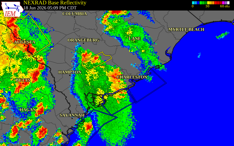NEXRAD radar during the Thursday, June 18, 2026 storm activity in Charleston County, South Carolina