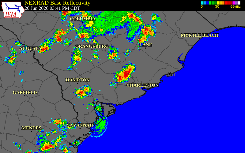 NEXRAD radar during the Friday, June 26, 2026 storm activity in Charleston County, South Carolina