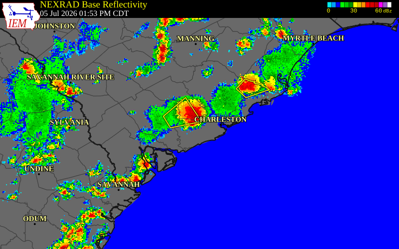 NEXRAD radar during the Sunday, July 5, 2026 storm activity in Charleston County, South Carolina