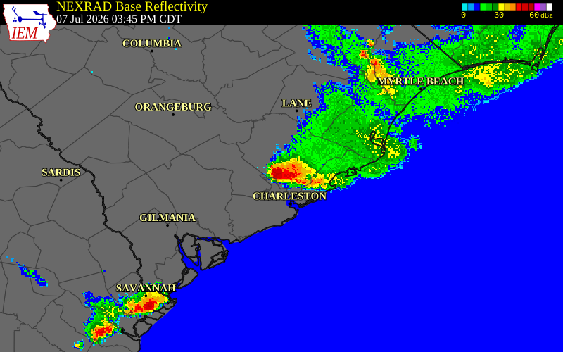 NEXRAD radar during the Tuesday, July 7, 2026 storm activity in Charleston County, South Carolina