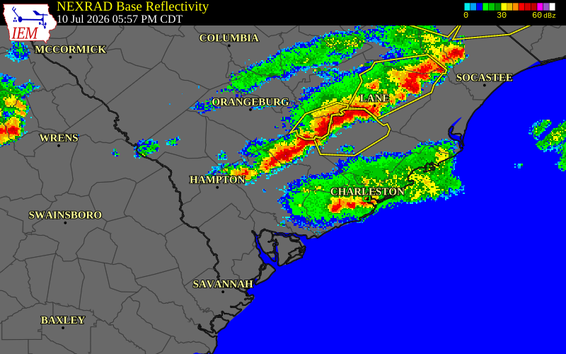 NEXRAD radar during the Friday, July 10, 2026 storm activity in Charleston County, South Carolina