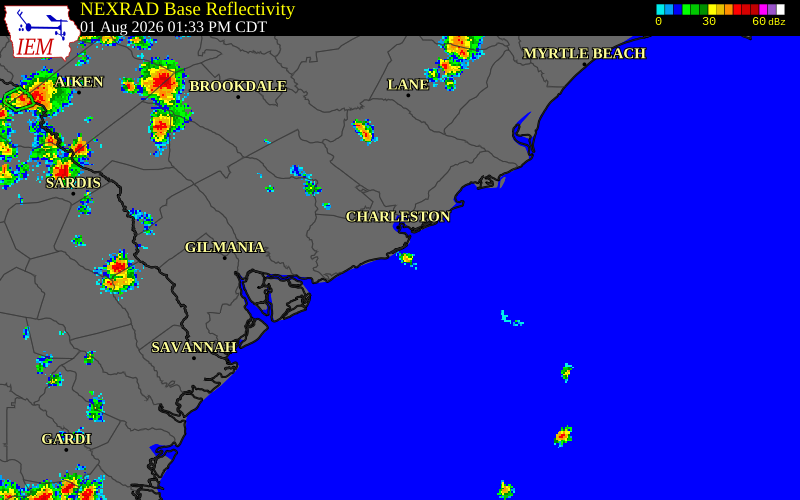 NEXRAD radar during the Saturday, August 1, 2026 storm activity in Charleston County, South Carolina