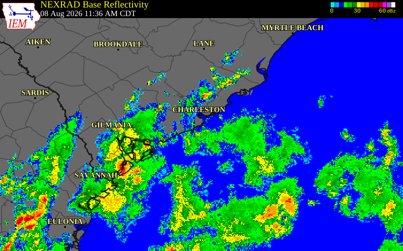 NEXRAD radar during the Saturday, August 8, 2026 storm activity in Charleston County, South Carolina