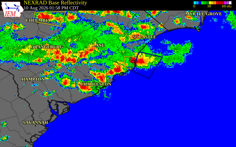 NEXRAD radar during the Monday, August 10, 2026 storm activity in Charleston County, South Carolina
