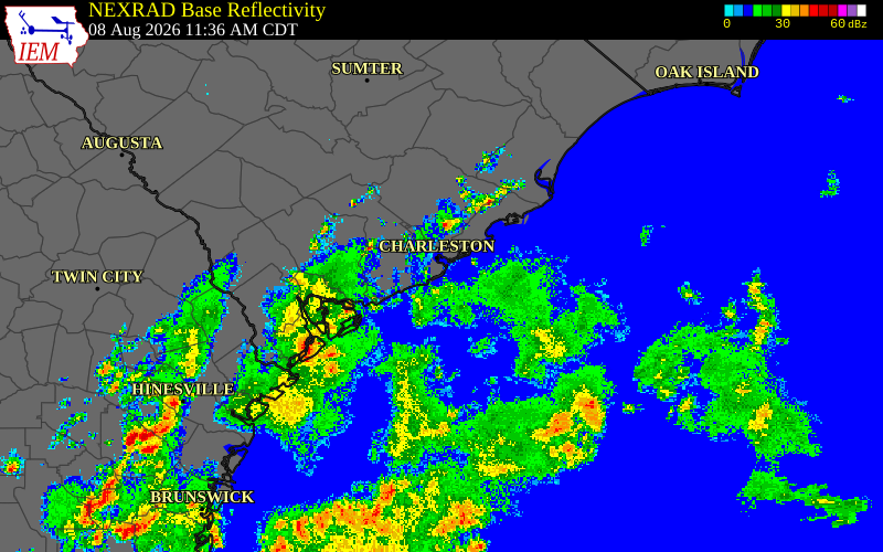 Radar snapshot during the Aug 8, 2026 tornado event near 2 ENE Folly Beach, Charleston County, South Carolina, with NWS warning polygons