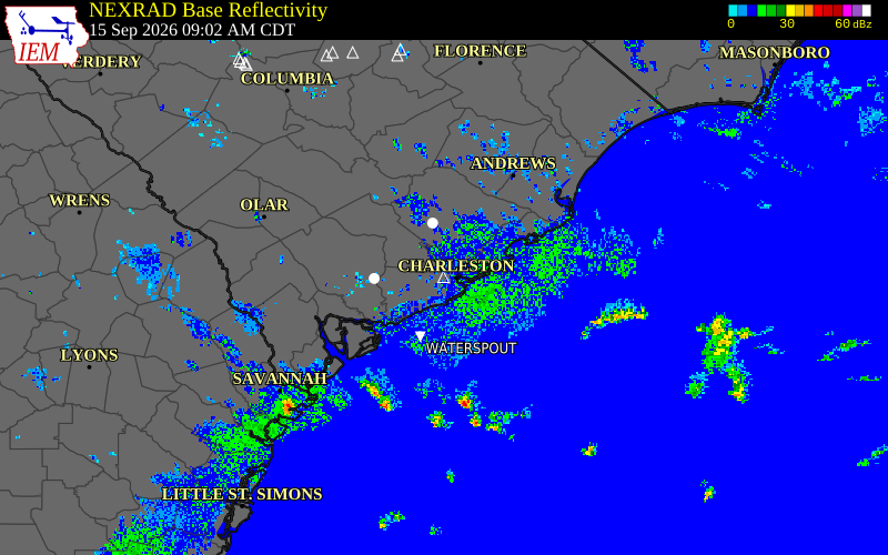 Current NEXRAD radar over Charleston County, South Carolina with recent storm report locations