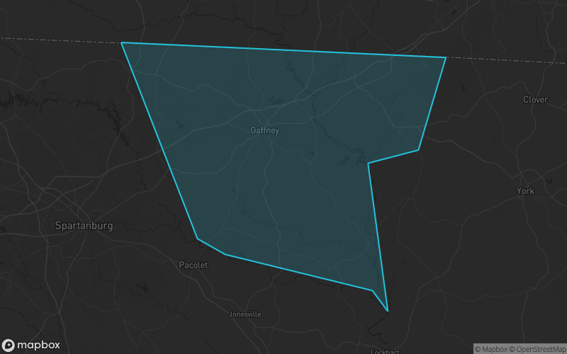 Map of Cherokee County, South Carolina showing the county boundary and surrounding cities