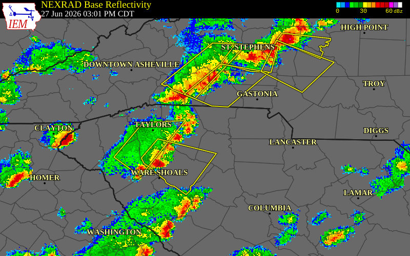 NEXRAD radar during the Saturday, June 27, 2026 storm activity in Cherokee County, South Carolina