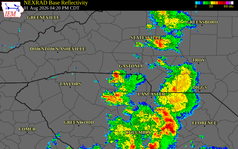 NEXRAD radar during the Saturday, August 1, 2026 storm activity in Cherokee County, South Carolina