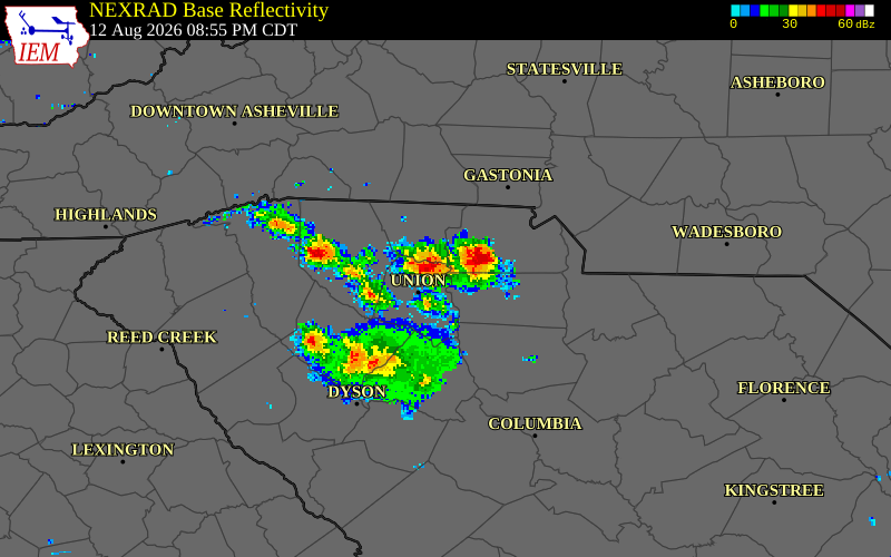 NEXRAD radar during the Wednesday, August 12, 2026 storm activity in Cherokee County, South Carolina