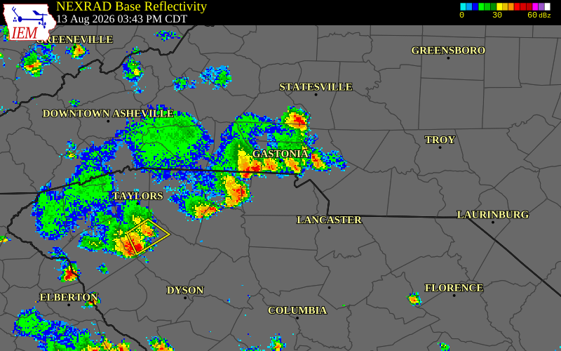 NEXRAD radar during the Thursday, August 13, 2026 storm activity in Cherokee County, South Carolina