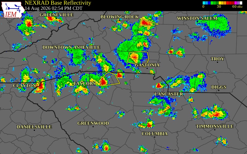 NEXRAD radar during the Friday, August 14, 2026 storm activity in Cherokee County, South Carolina