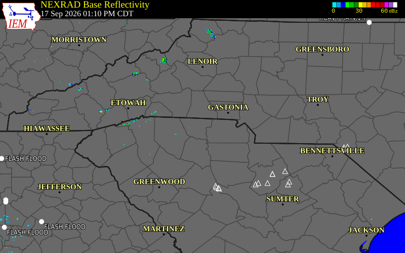 Current NEXRAD radar over Cherokee County, South Carolina with recent storm report locations