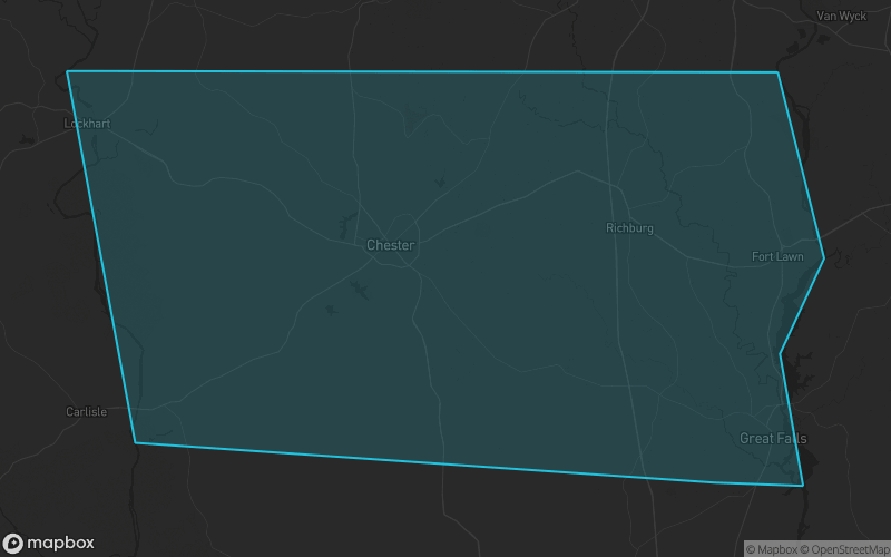 Map of Chester County, South Carolina showing the county boundary and surrounding cities