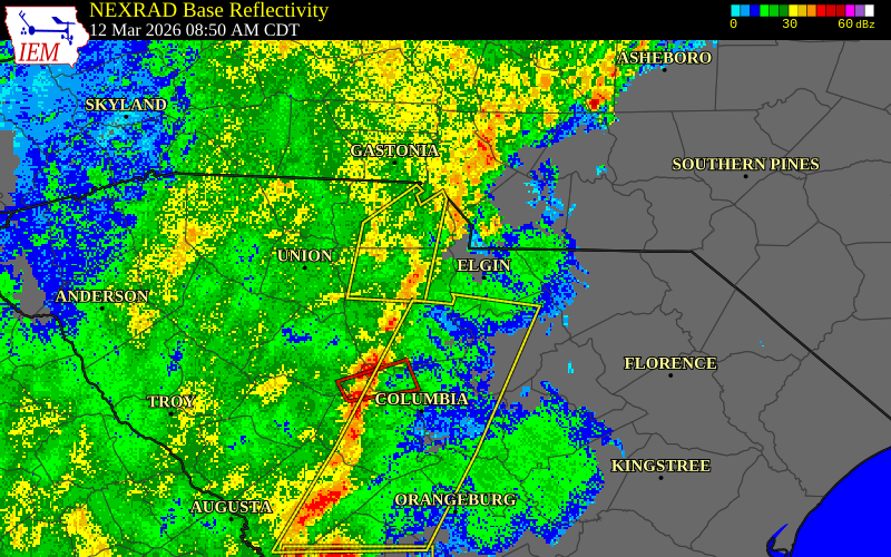 NEXRAD radar during the Thursday, March 12, 2026 storm activity in Chester County, South Carolina