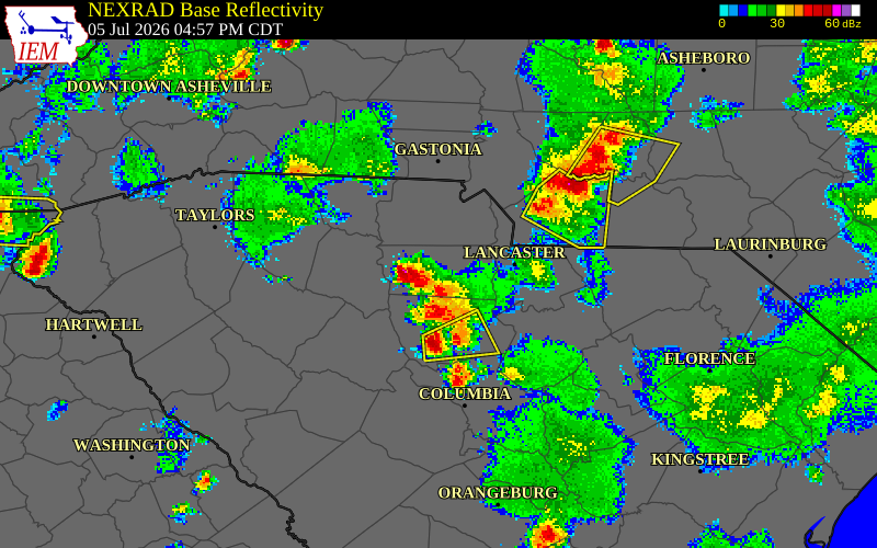 NEXRAD radar during the Sunday, July 5, 2026 storm activity in Chester County, South Carolina