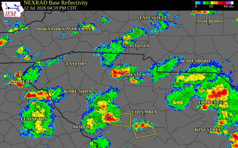 NEXRAD radar during the Sunday, July 12, 2026 storm activity in Chester County, South Carolina