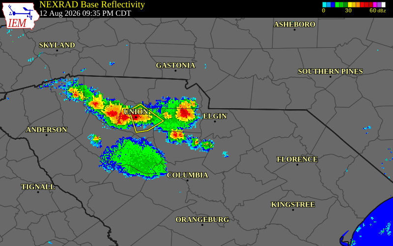 NEXRAD radar during the Wednesday, August 12, 2026 storm activity in Chester County, South Carolina