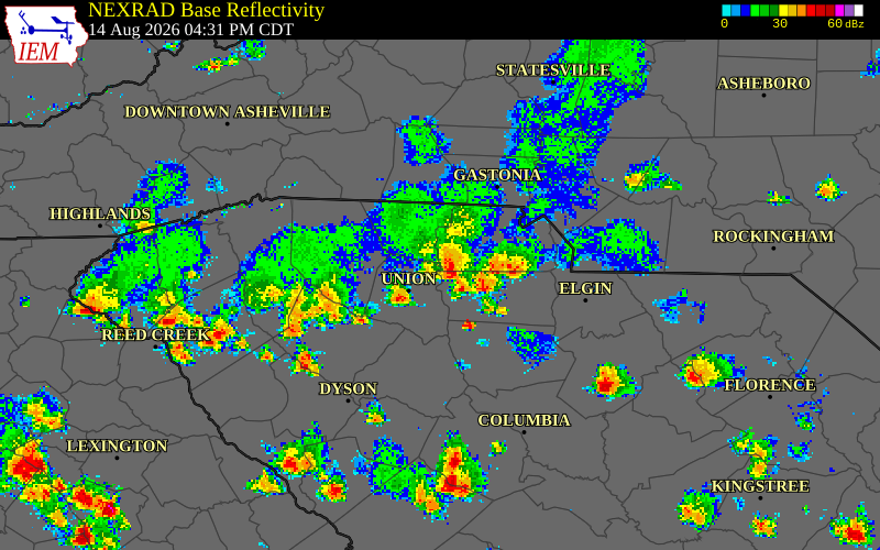 NEXRAD radar during the Friday, August 14, 2026 storm activity in Chester County, South Carolina