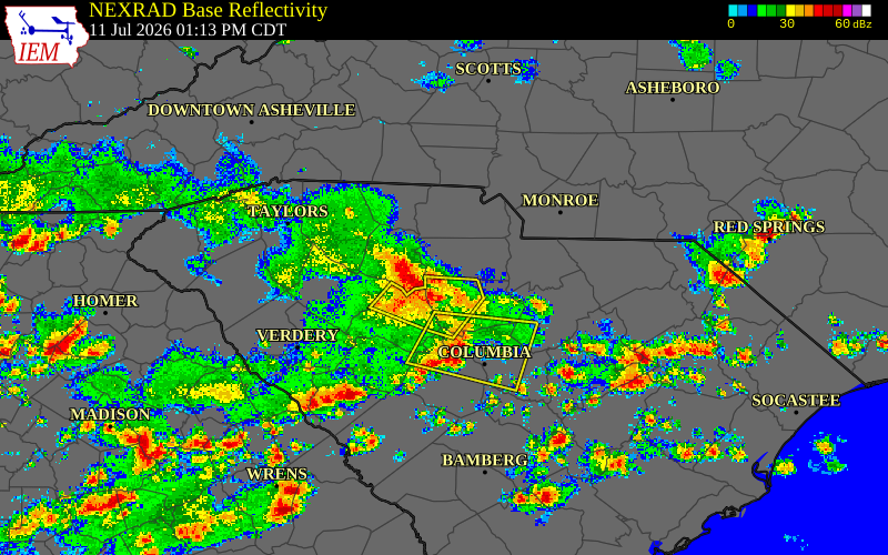 Radar snapshot during the Jul 11, 2026 wind event near Chester County, Chester County, South Carolina, with NWS warning polygons