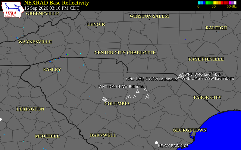 Current NEXRAD radar over Chester County, South Carolina with recent storm report locations