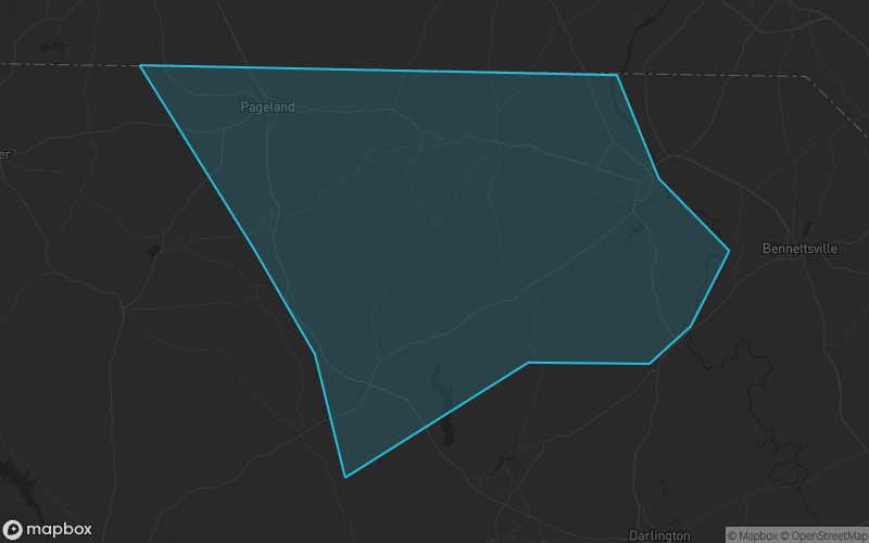 Map of Chesterfield County, South Carolina showing the county boundary and surrounding cities