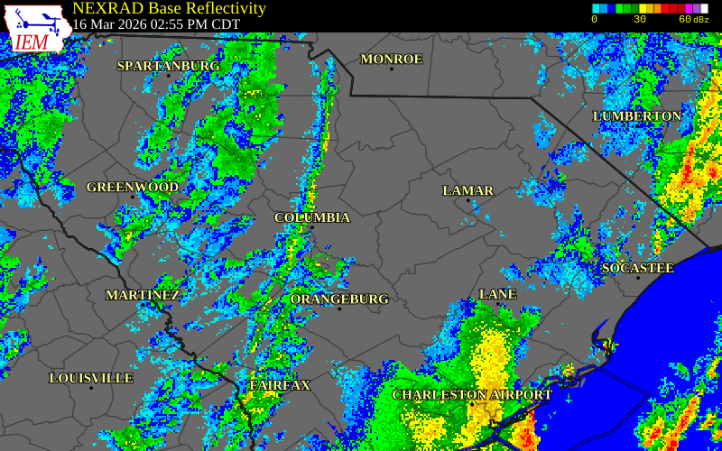 NEXRAD radar during the Monday, March 16, 2026 storm activity in Chesterfield County, South Carolina