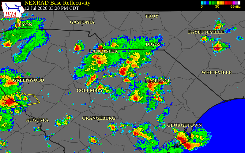 NEXRAD radar during the Sunday, July 12, 2026 storm activity in Chesterfield County, South Carolina