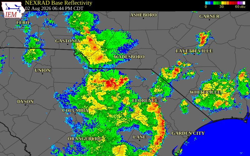NEXRAD radar during the Sunday, August 2, 2026 storm activity in Chesterfield County, South Carolina