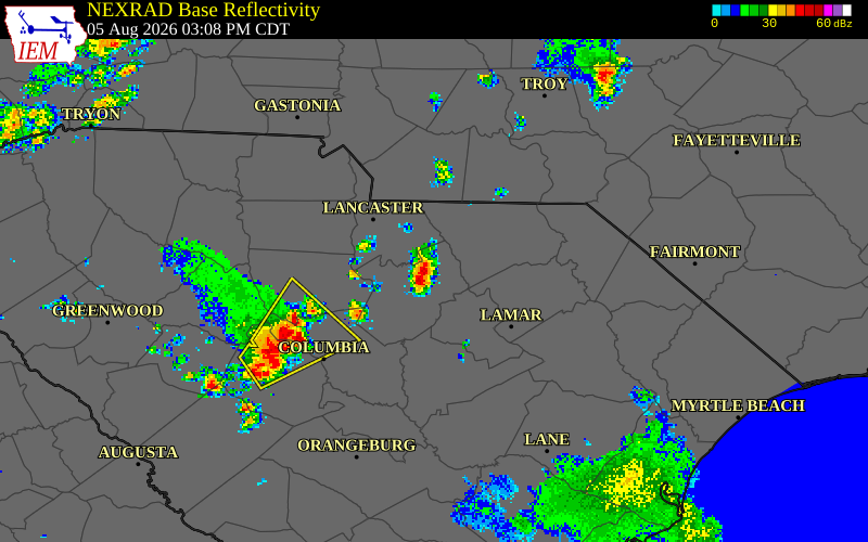 NEXRAD radar during the Wednesday, August 5, 2026 storm activity in Chesterfield County, South Carolina